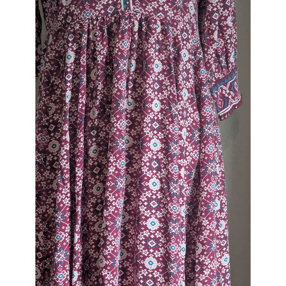 Fusion Boho Tribal Geometric Print Midi Dress M V-Neck 3/4 Sleeve - Picture 2 of 6